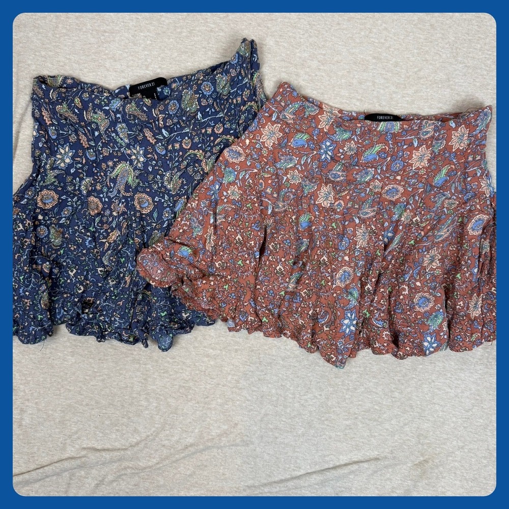 FOREVER 21 Floral Print Ruffle Skirt Set Navy Rust XS S Boho‎ Festival
